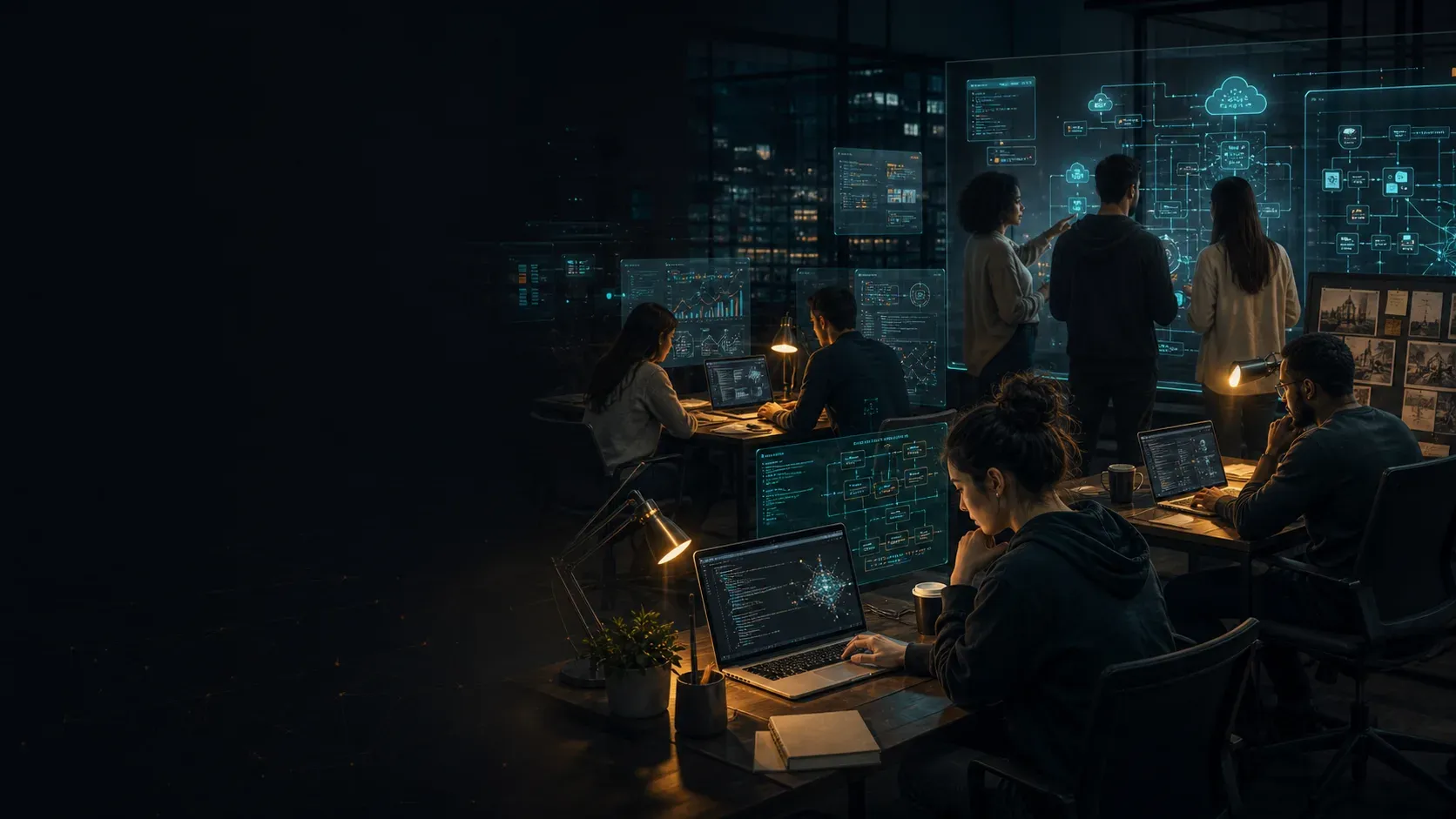 Students and workers studying AI in a futuristic learning lab with translucent skill maps and code displays.